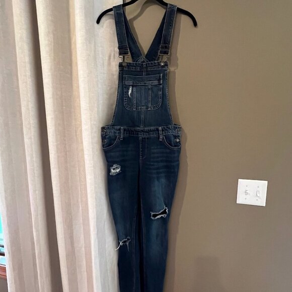 Women's Dark Blue Denim Spice Bib Overalls, Distressed, Size 9 - Picture 1 of 13
